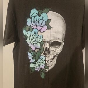 Black T-Shirt with Skull and Floral Design